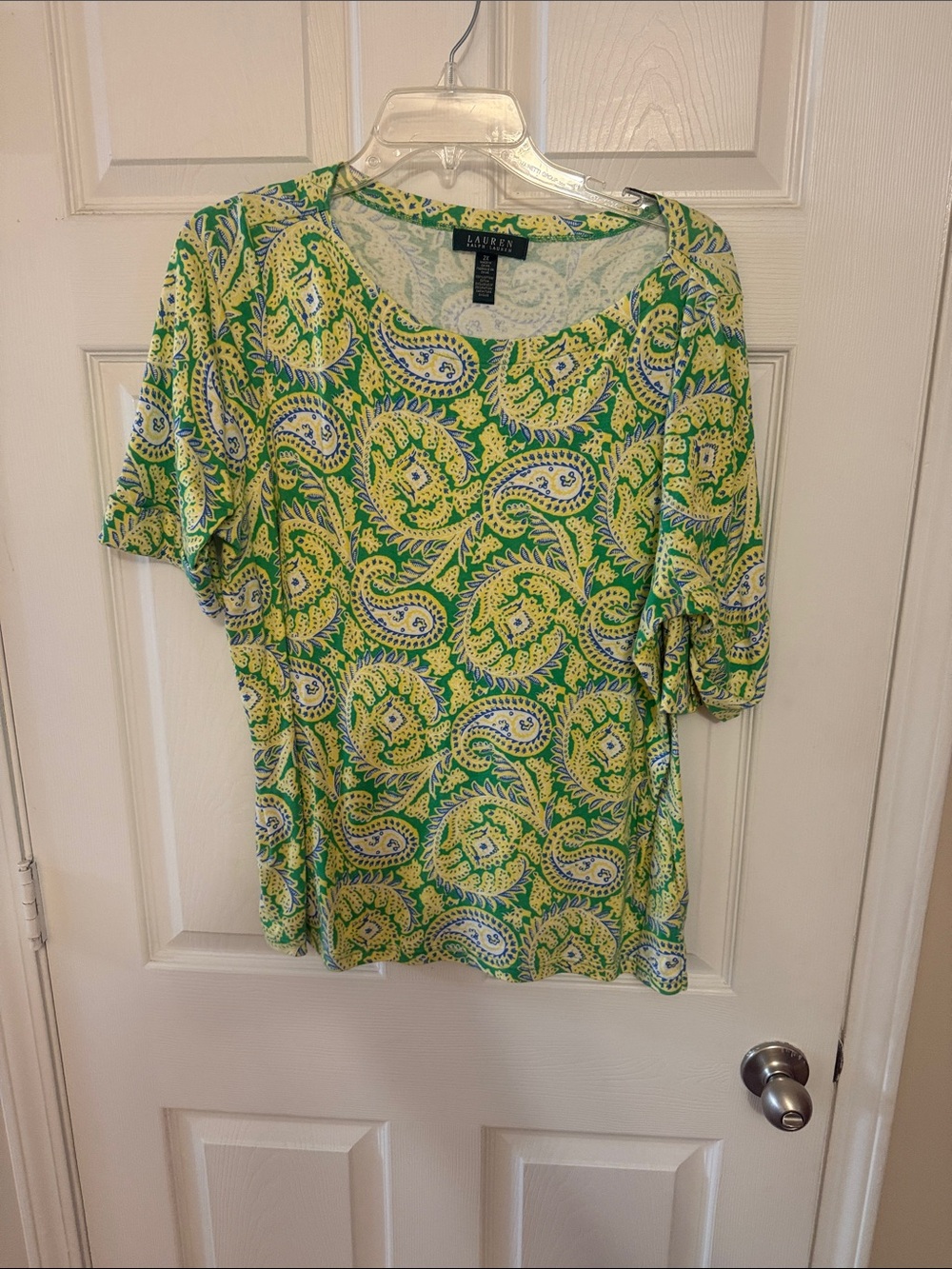 Lauren Ralph Lauren Green Yellow Paisley Short Sleeve Tee with Blue Accents